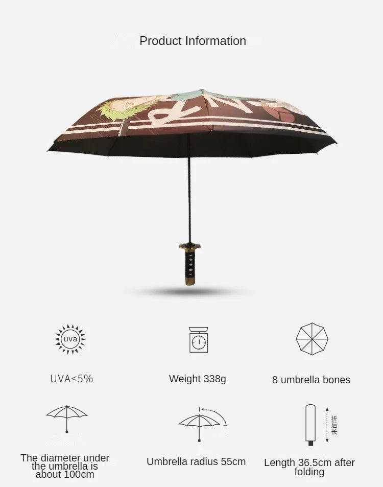 Demon Slayer Kokushibo Katana Umbrella 3-folding Kimetsu No Yaiba Tanjirou Anime Sword Umbrella Portable Windproof Rain Gear