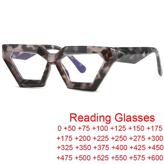Vintage Polygon Cat Eye Reading Glasses Women Blue Light Filter Oversized Eyeglassses Frame Optical Presbyopic Computer Eyewear