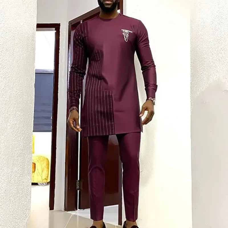 African Muslim Men Wedding Suit 2 Piece Set Long Sleeve Round Neck Top and Pants Traditional Style