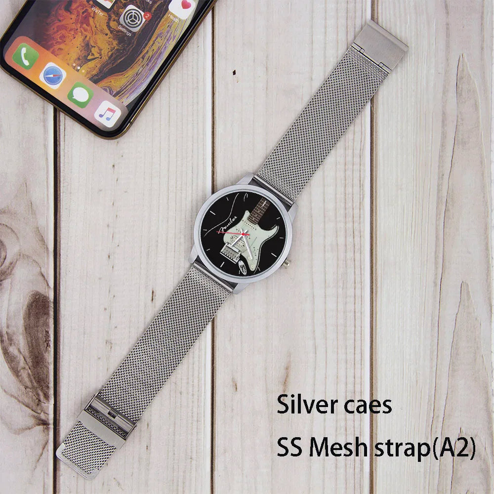 Guitar Bass Pattern Universal for Men Women Souvenir Composer Rose Gold Man Watch Silver Watches Black Bracelet Gift Clock