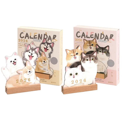 Wooden Base 2026 3D Cat Dog Series Desk Calendar,Multifunctional Desktop Planner Calendar Yearly Agenda Organizer for Home Offic