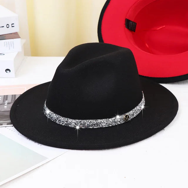 women fedoras golden chain fedora hat women men wide brim solid color jazz top hat autumn winter new Panama hat gentleman hat