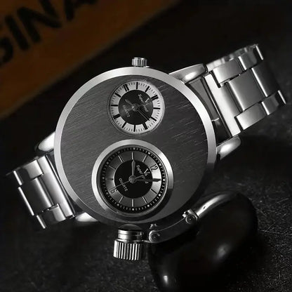 Luxury Men's Watches Punk Style Quartz Watch Dual Dial Business Men Wristwatch Stainless Steel Strap Waterproof Military Watch