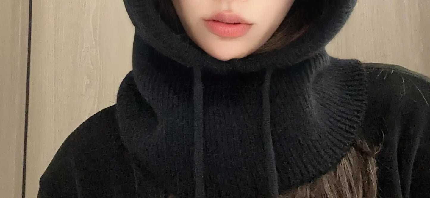 Knitted Hooded Caps Winter Balaclava Hats Women Korean Style Outdoor Warmer Drawstring Hats One-piece Neck Collar Beanies Cap