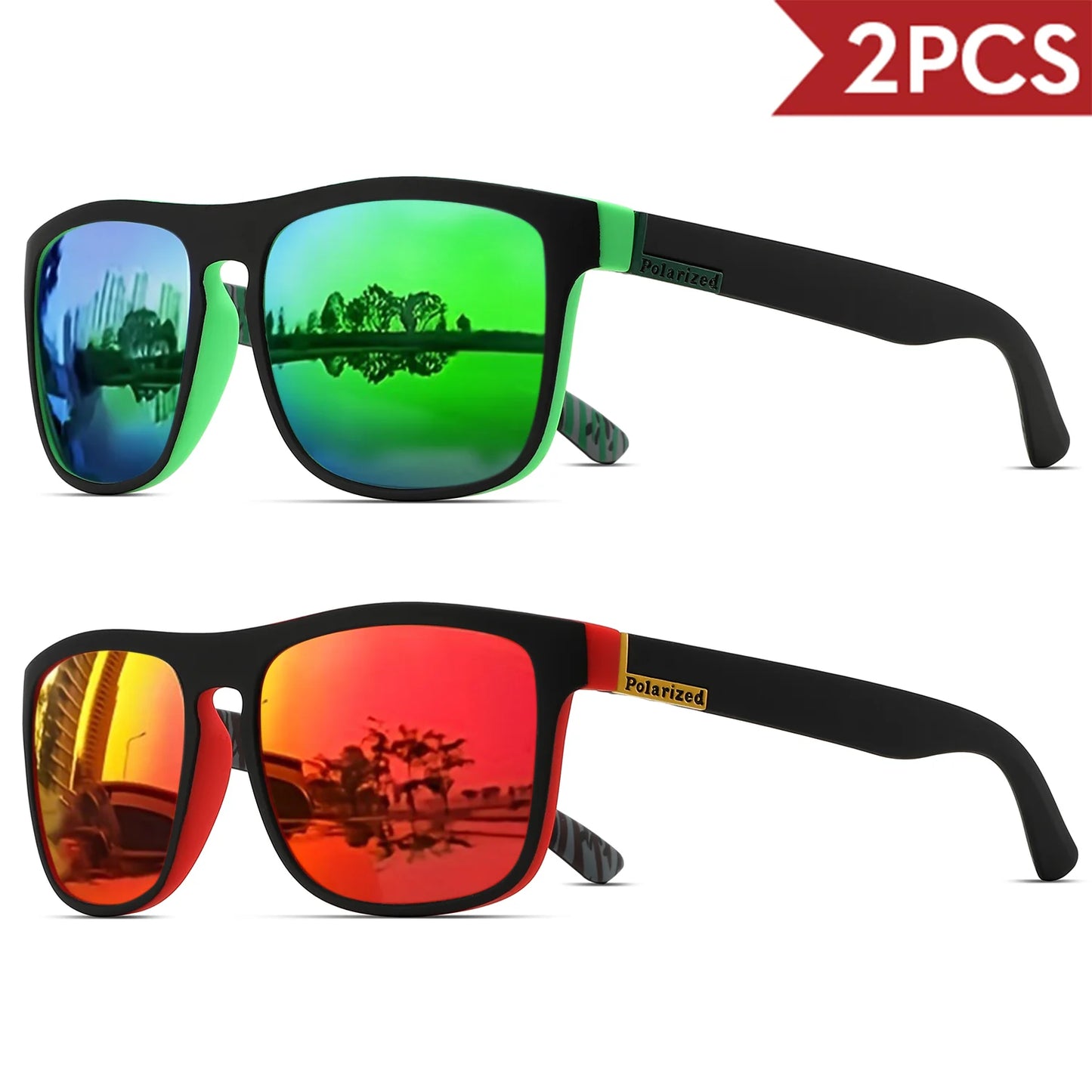2PCSClassic Square Polarized Sports Sunglasses Lightweight PC Frame UV400 for Driving Fishing Cycling Unisex Everyday Durability