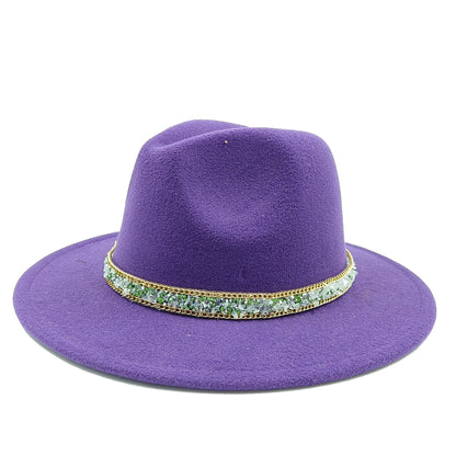 women fedoras golden chain fedora hat women men wide brim solid color jazz top hat autumn winter new Panama hat gentleman hat