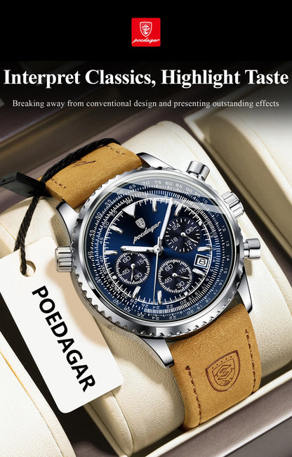 POEDAGAR Original Men's Clock Chronograph Date Waterproof Luminous Luxury Male Wristwatch Fashion Leather Quartz Watches For Man
