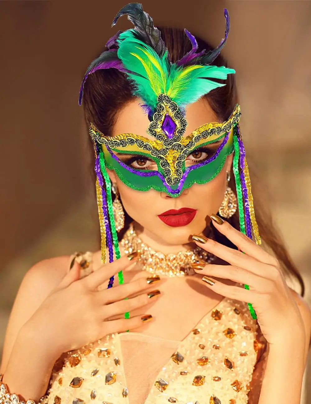 Women Mardi Gras Mask with Feathers Masquerade Mask Venetian Halloween Costumes