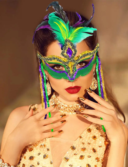 Women Mardi Gras Mask with Feathers Masquerade Mask Venetian Halloween Costumes