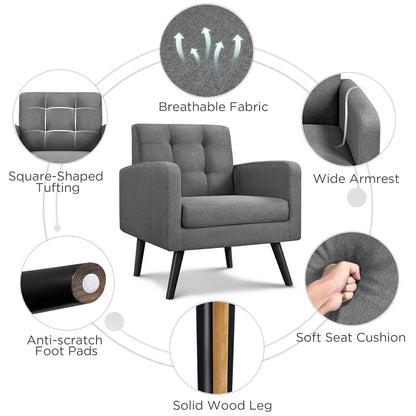 Modern Living Room Chair, Mid-Century Armchair Button Tufted Back and Wood Legs, Vintage Lounge Chair for, Customized