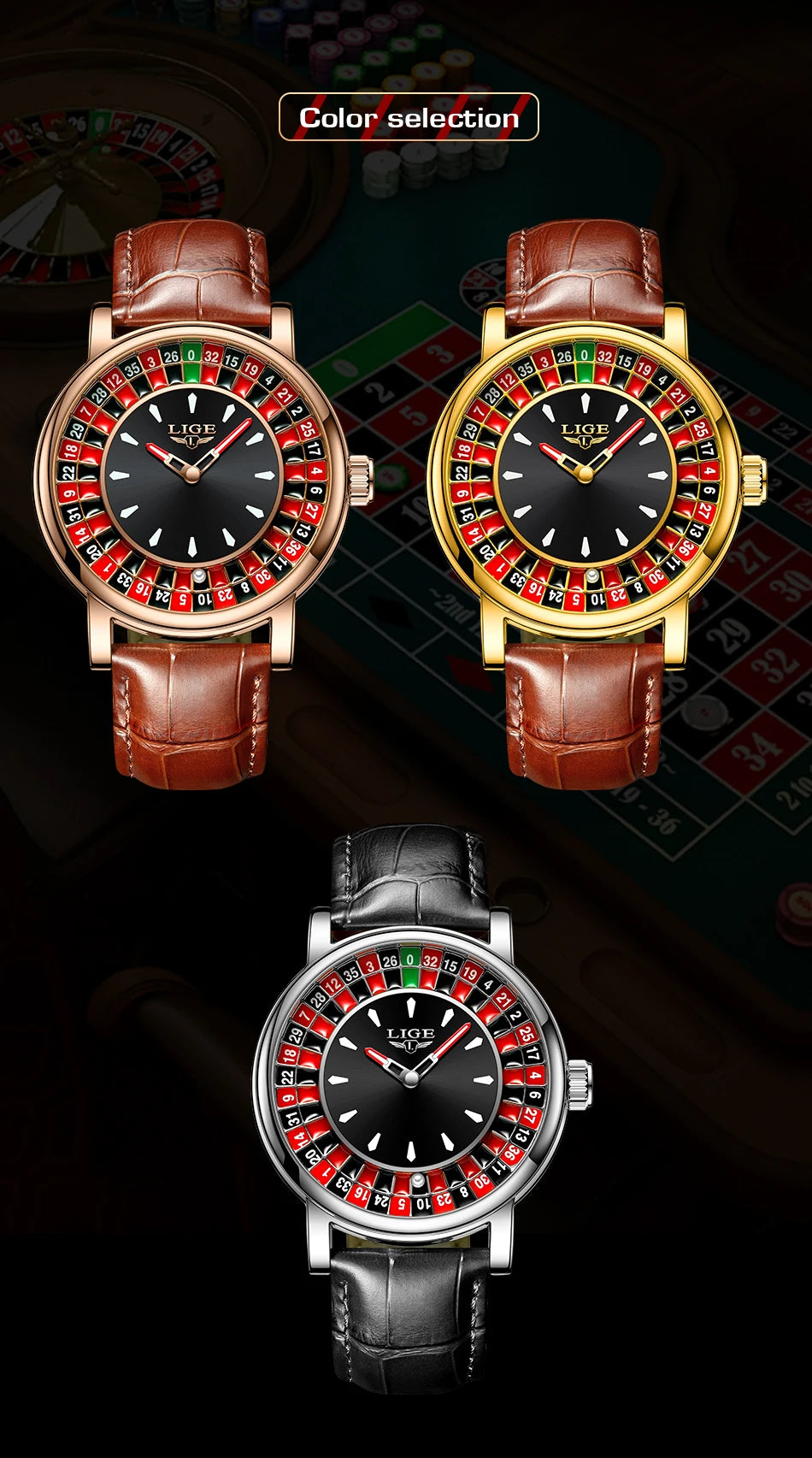 LIGE Creative Golden Mens Watches Roulette Game Dial Fashion Man Watch Waterproof Luminous Quartz Wristwatches Rolling Ball+Box