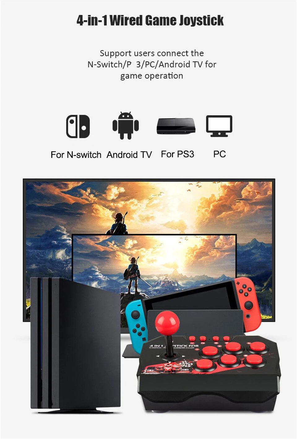 GAMINJA 4-in 1Game Joystick With 3M USB Cable TURBO Games Console Rocker Arcade Station For Nintendo Switch Android TV PS3 PC