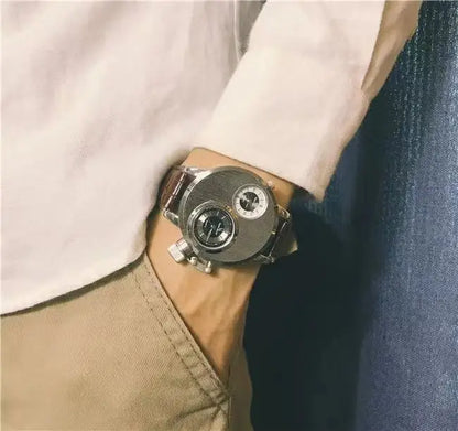 Luxury Men's Watches Punk Style Quartz Watch Dual Dial Business Men Wristwatch Stainless Steel Strap Waterproof Military Watch