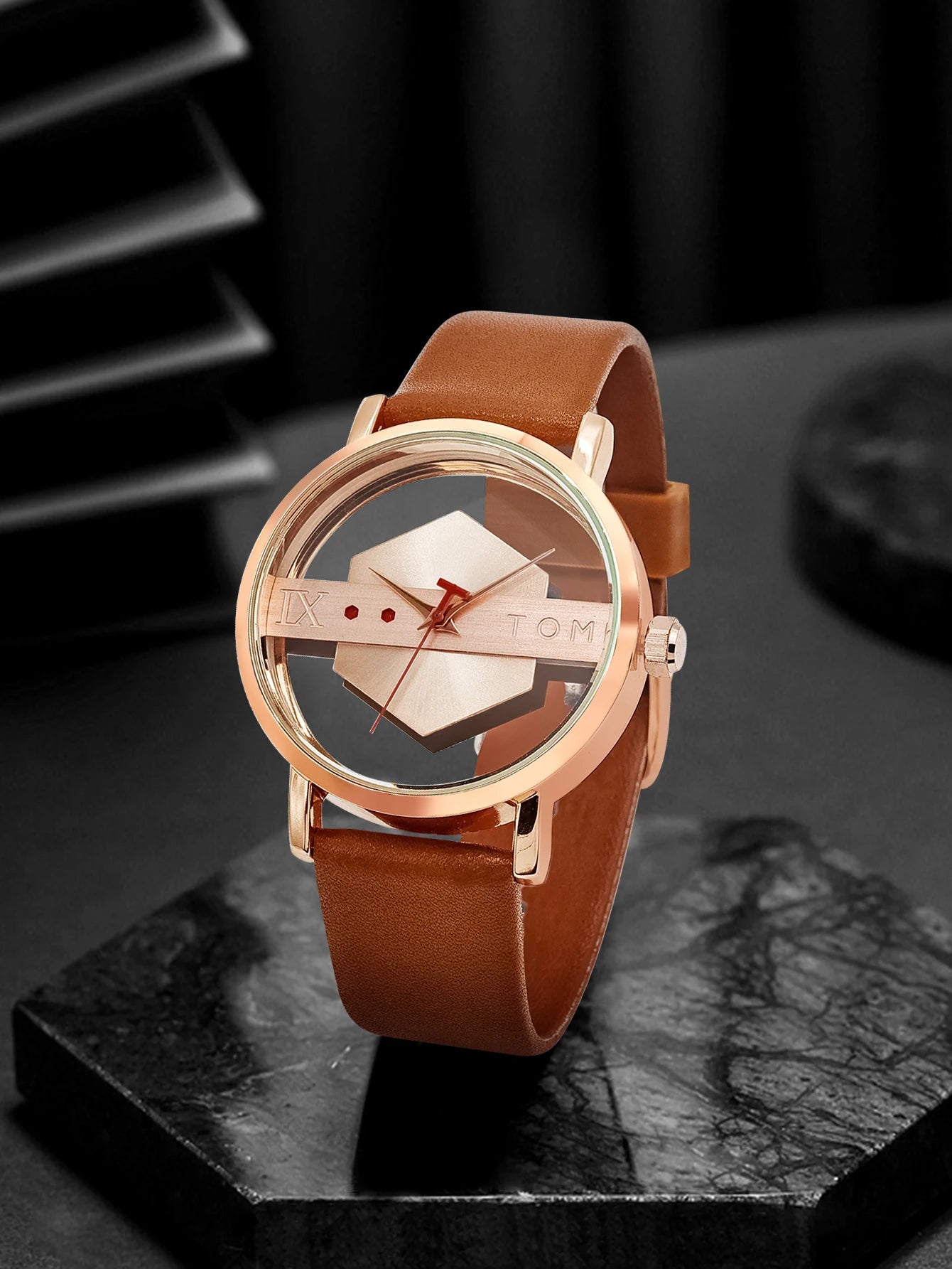 TOMI Fashionable and Minimalist Men's Leather Watch Strap Personalized Hollow Perspective Glass Bottom Cover Quartz Watch