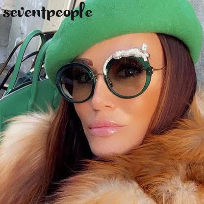 Oversized Round Sunglasses Women Big 2026 Luxury Brand Crystal Leopard-Shaped Sun Glasses for Ladies Anti Blue Light Eyeglasses