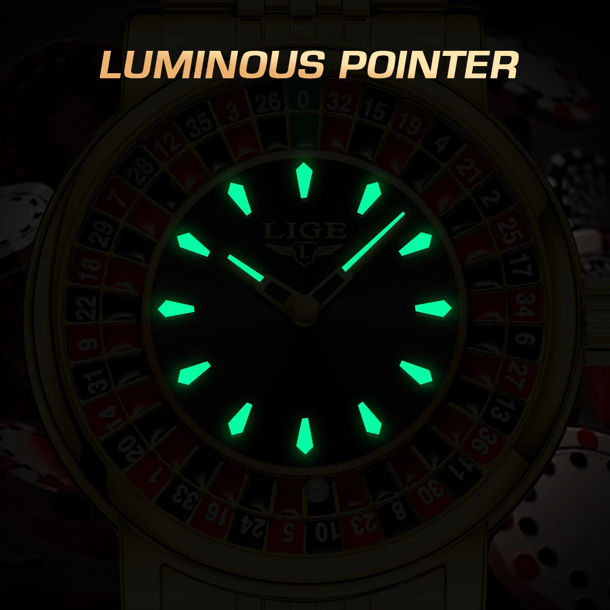 LIGE Creative Golden Mens Watches Roulette Game Dial Fashion Man Watch Waterproof Luminous Quartz Wristwatches Rolling Ball+Box