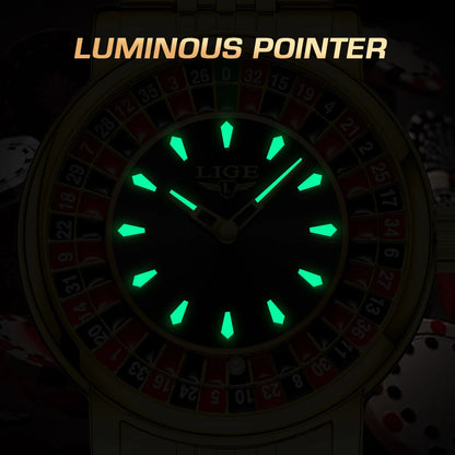 LIGE Creative Golden Mens Watches Roulette Game Dial Fashion Man Watch Waterproof Luminous Quartz Wristwatches Rolling Ball+Box