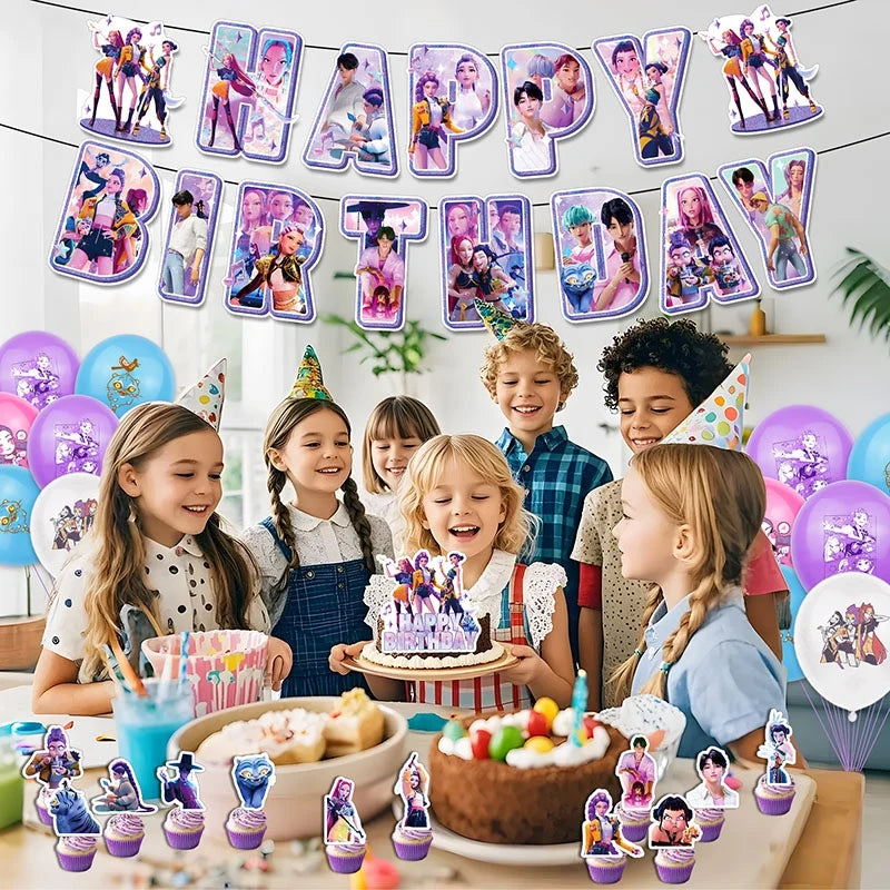 Kpop Birthday Party Decoration Tableware Set Birthday Party Supplies Balloons Cake Topper Hanging Flag Cups K-pop Party Decor