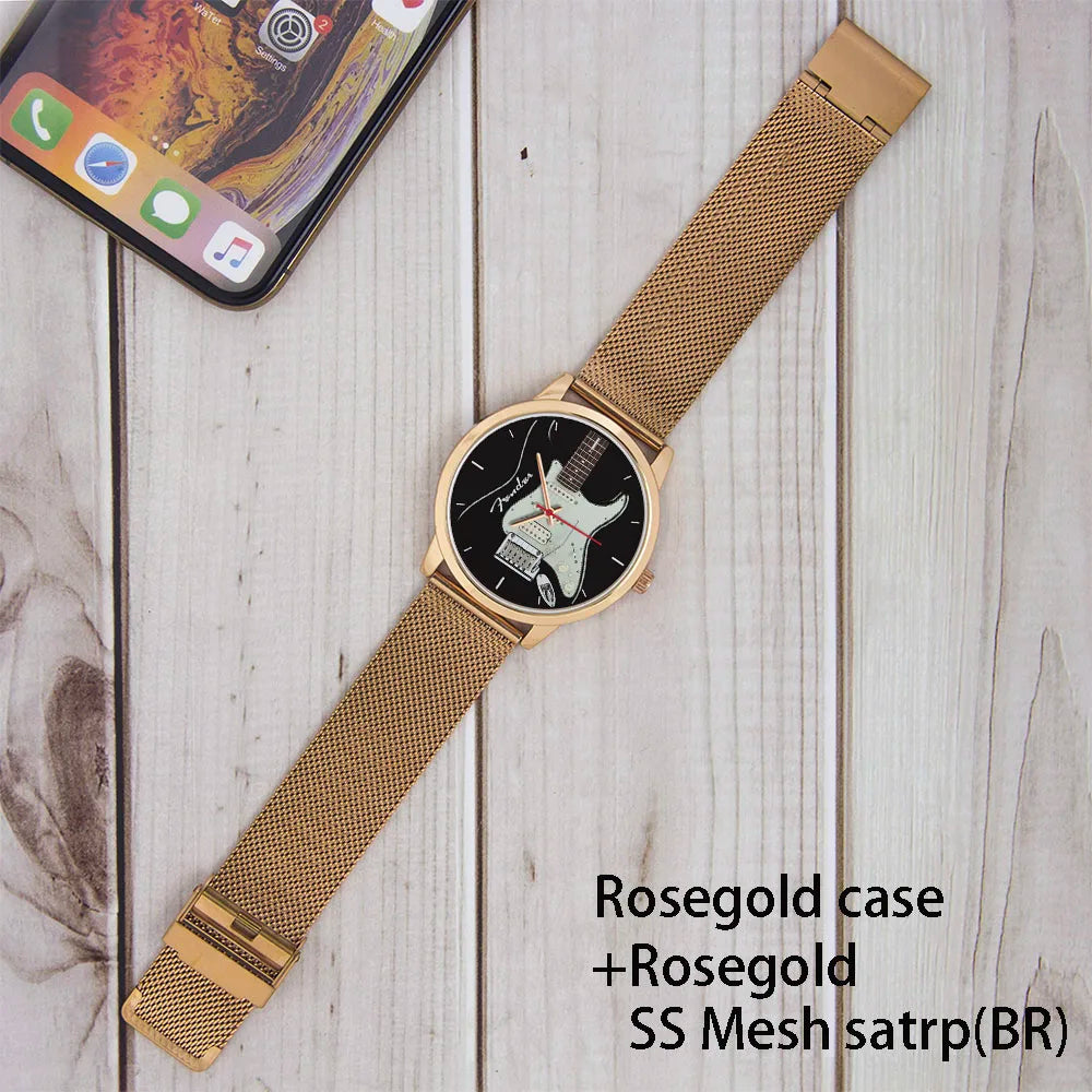 Guitar Bass Pattern Universal for Men Women Souvenir Composer Rose Gold Man Watch Silver Watches Black Bracelet Gift Clock