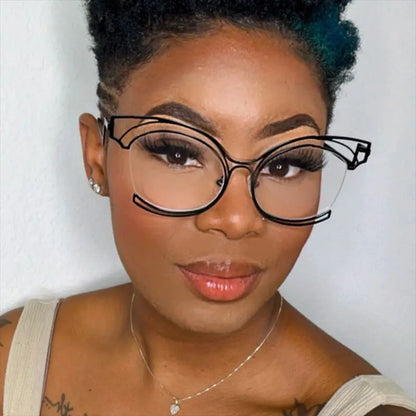 Metal Cat Eye Hollowed Out Blue Light Blocking Eyeglasses For Women Clear Lens Optical Glasses Prescription Presbyopic Glasses