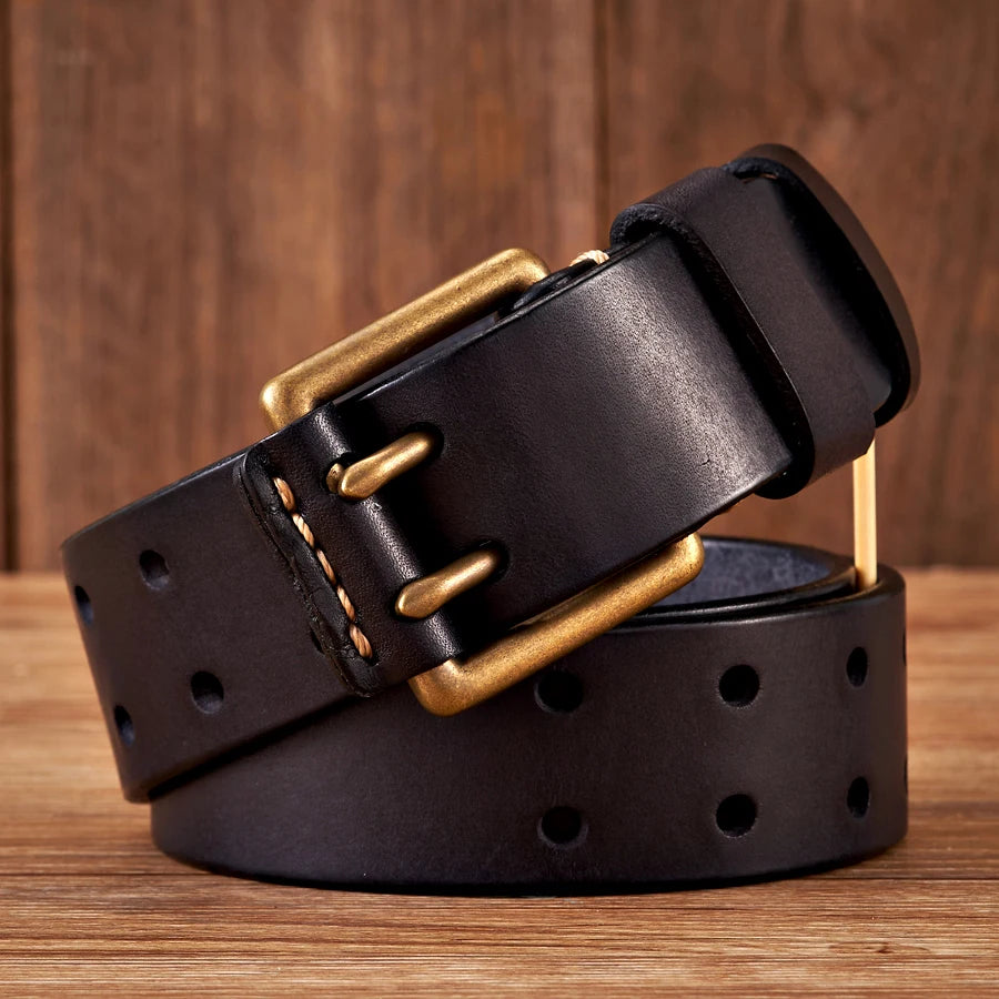 3.8cm Wide Vintage Men's Belt Cowhide Genuine Leather Belt Copper Double Needle Buckle Handmade Jeans Belt Fashion Male Strap