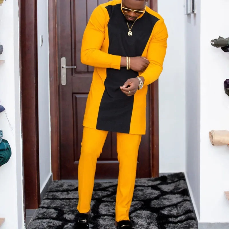 African Muslim Men Wedding Suit 2 Piece Set Long Sleeve Round Neck Top and Pants Traditional Style