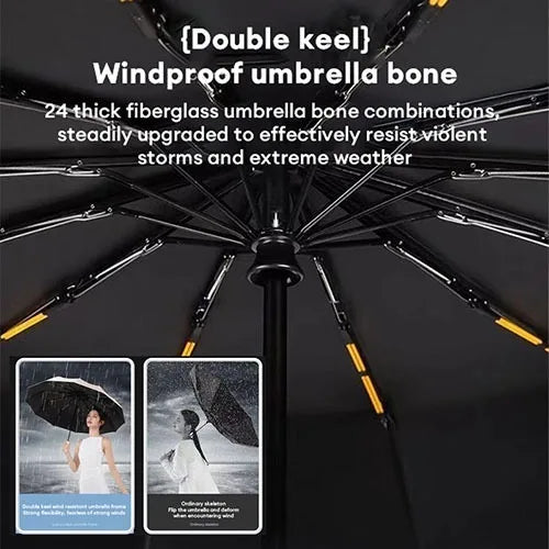 Large Windproof Reflective Striped Reverse Automatic Umbrella for Men and Women, 20Rib Umbrella, Sun Rain Luxury Business Car Tr