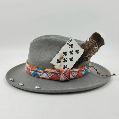 Feather Fedoras Hat for Men Women Black Felt Wide Brim Jazz Cap Gentleman Caps Plum Blossom 8 Playing Card Design Fedora Hat