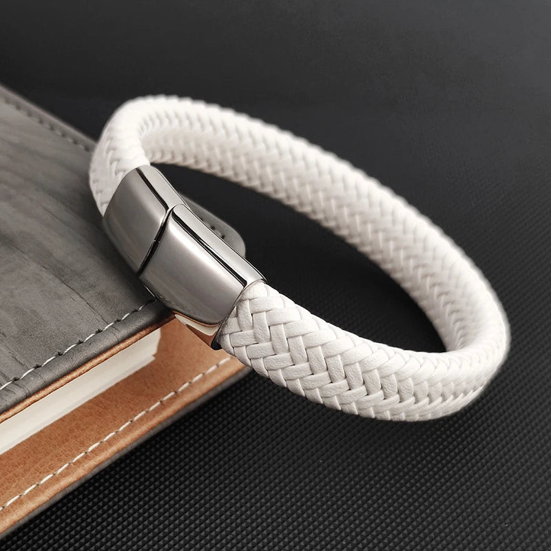 Fashion Simple White Leather Braid Bracelet Stainless Steel Buckle Clasps for Men Handmade Bangle Wholesale Charm Jewelry Gift