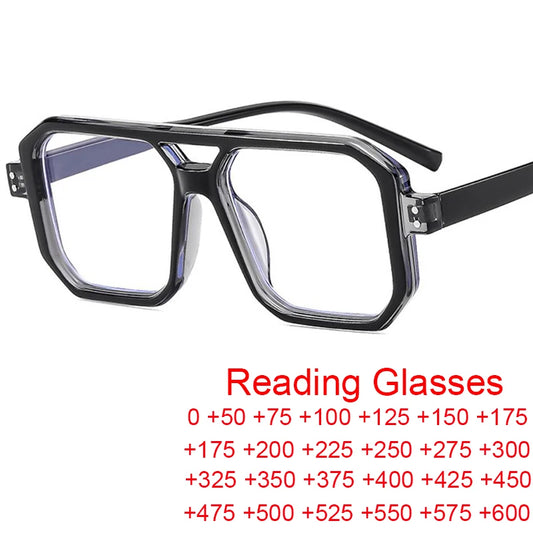 Brand Men Square Black grey Frame Reading Glasses Fashion Women Double Bridge Rice Nail Anti Blue Light Presbyopia Glasses +2 +5