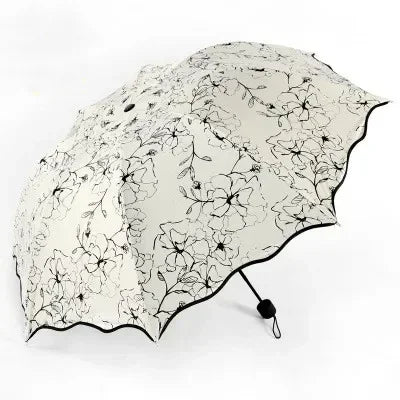 New Wave Edge Umbrella for Girls UV Protection Black Coating Hibiscus Flower Princess Fashion