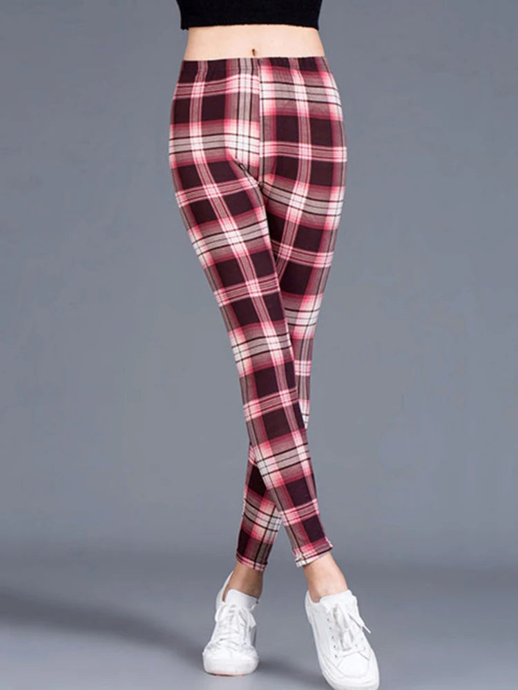 CUHAKCI Fashion Plaid Printing Leggings Women Sexy Fitness Leggins Grid Floral Stripe Trousers High Waist Pencil Pants