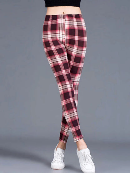CUHAKCI Fashion Plaid Printing Leggings Women Sexy Fitness Leggins Grid Floral Stripe Trousers High Waist Pencil Pants