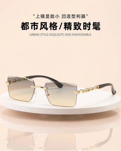 Retro Rimless Square Sunglasses For Men Cut Edge UV400 Leopard Decorative Shades Gradient Lens Sun Glasses for Women