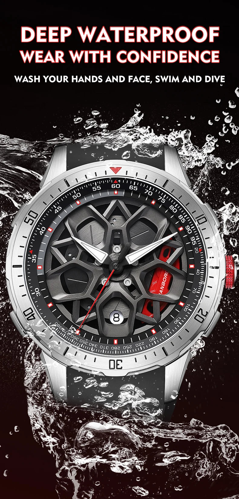 HANBORO supercar series men's fully automatic mechanical watch with wheels running and dial personalized watch