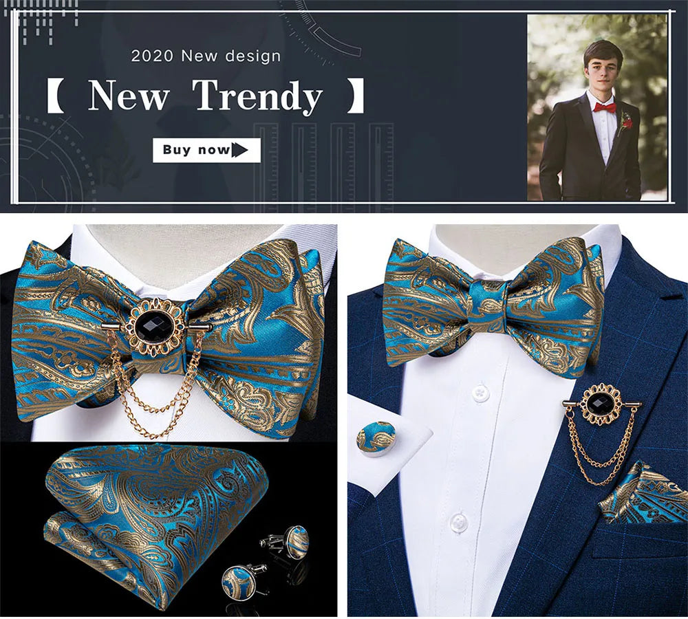 Luxury Gold Black Paisley Self Tie Men's Bow Tie Silk Woven Wedding Party Butterfly Ties Hanky Brooch Pin Set Tuxedo Bow DiBanGu