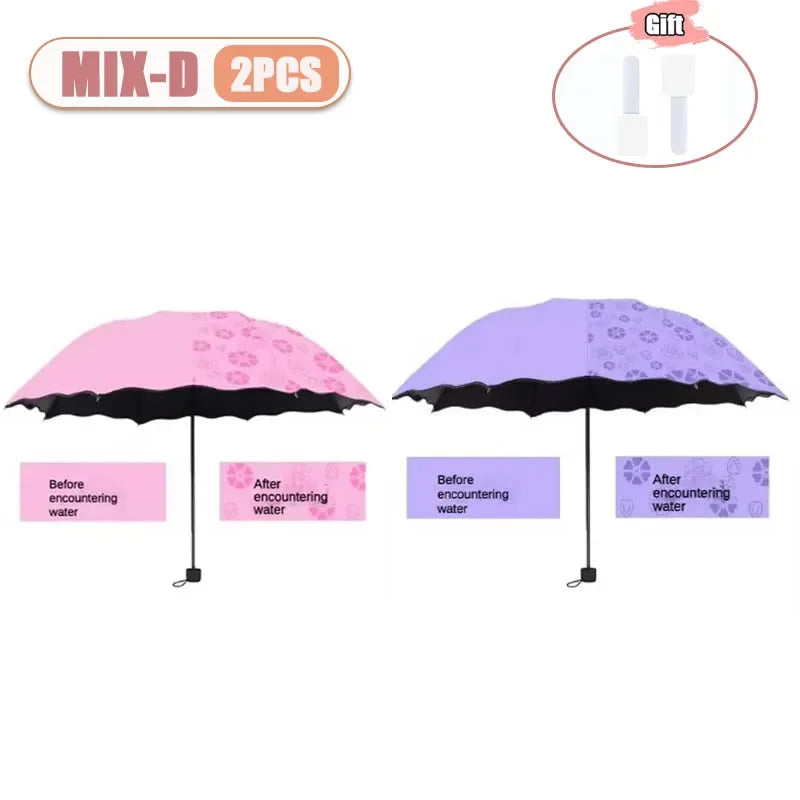 1-2PCS Portable Creative Water Flowering  Umbrella Manual  Black Coating UV Protection Sun Rain Dual Use Folding Parasol