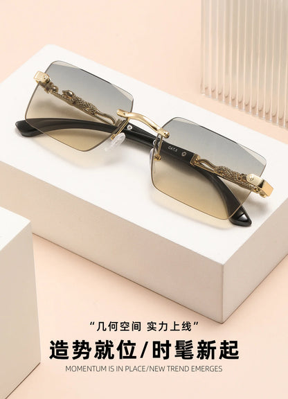 Retro Rimless Square Sunglasses For Men Cut Edge UV400 Leopard Decorative Shades Gradient Lens Sun Glasses for Women
