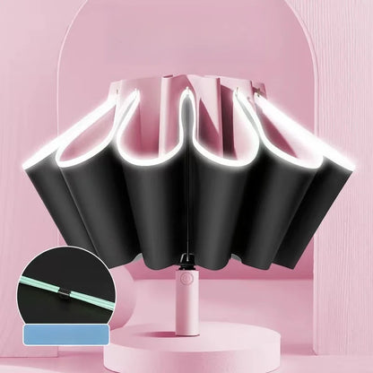 Large Windproof Reflective Striped Reverse Automatic Umbrella for Men and Women, 20Rib Umbrella, Sun Rain Luxury Business Car Tr