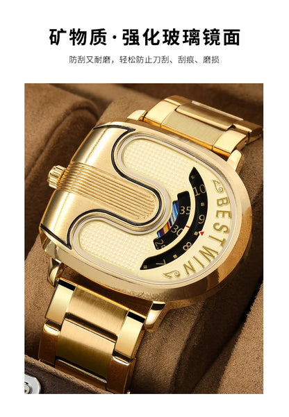 Gold Top Brand Luxury Men Watches Unique Design Stainless Steel Band Golden Dropship relogio masculino High Quality Male