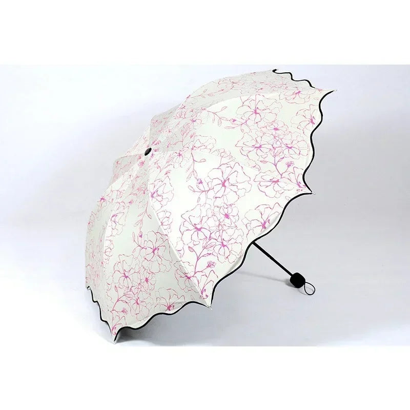 New Wave Edge Umbrella for Girls UV Protection Black Coating Hibiscus Flower Princess Fashion