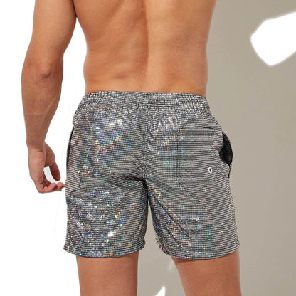 CLEVER-MENMODE Beach Board Swim Shorts Mens Silvery Shine Surfing Swimming Trunks Boxers Faux Leather Beachwear Gymwear