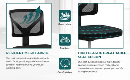 JHK Mesh with Lumbar Support Armless Office Chair Low Back with Wheels Adjustable Height 360° Rolling Swivel Computer Chair