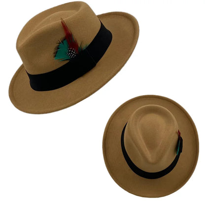 Fedora Men's Feather Wide-brimmed Hat Unisex Wool Felt Jazz Top Hat Autumn and Winter Ladies Hat Church Men's Hat Casual