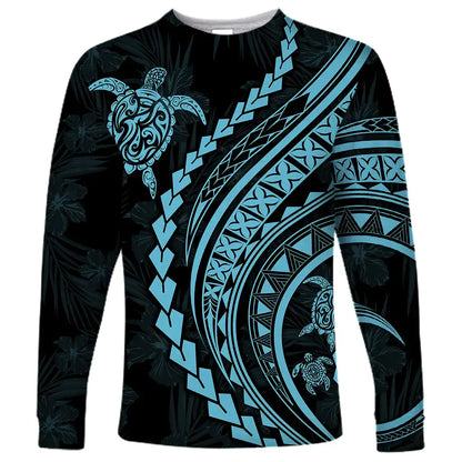 2024 new men's Polynesian long-sleeved T-shirt 3D printed turtle hibiscus luxury print men's autumn tops casual round neck