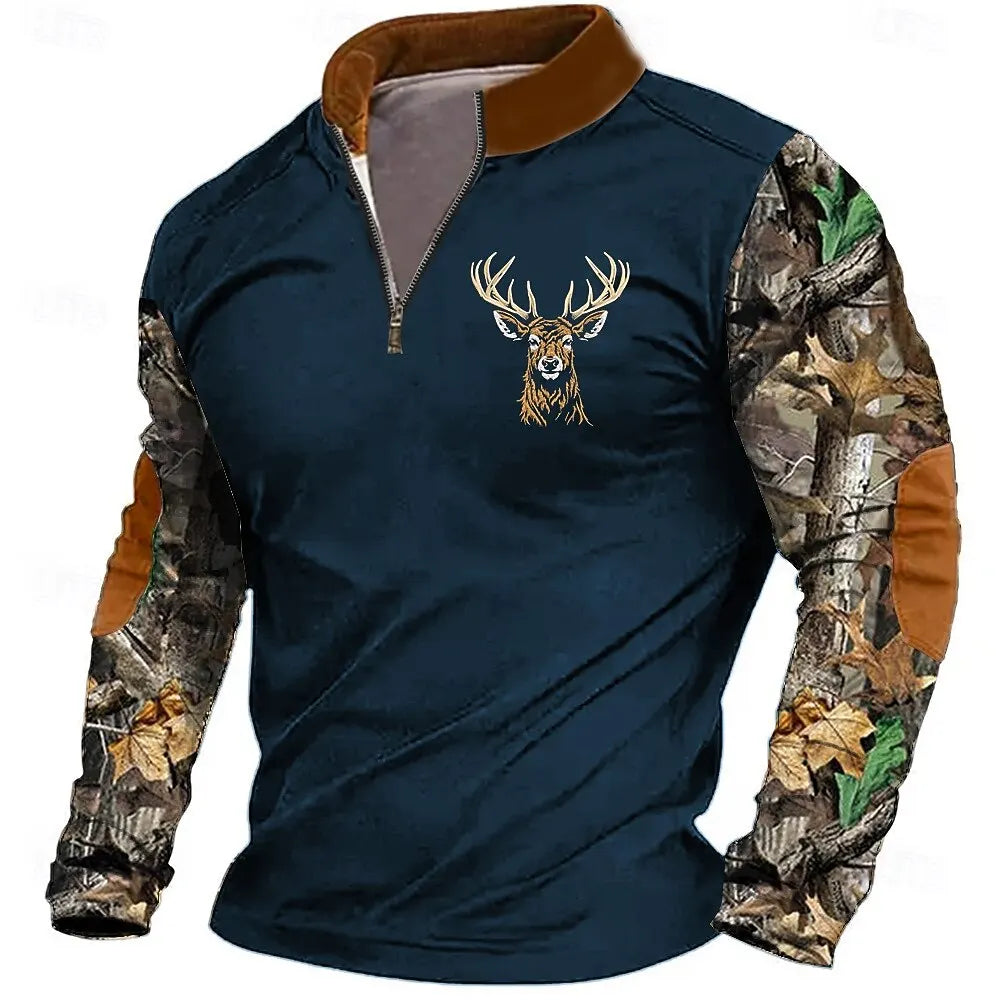 3D Printed Animal Pattern Zipper Sweatshirt For Men Vintage Elk Wolf Pattern Long Sleeve Pullover Autumn Casual Comfortable Tops