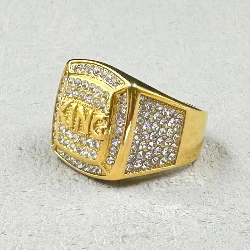 Hip Hop full rhinestone 316L Stainless Steel Gold color King Finger Rings for Men Rapper party Jewelry
