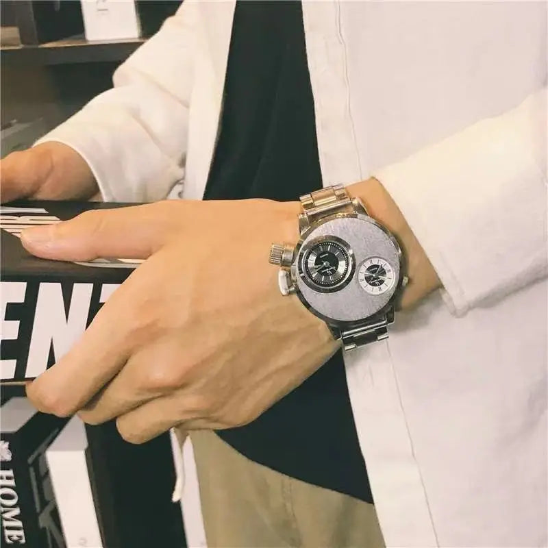 Luxury Men's Watches Punk Style Quartz Watch Dual Dial Business Men Wristwatch Stainless Steel Strap Waterproof Military Watch