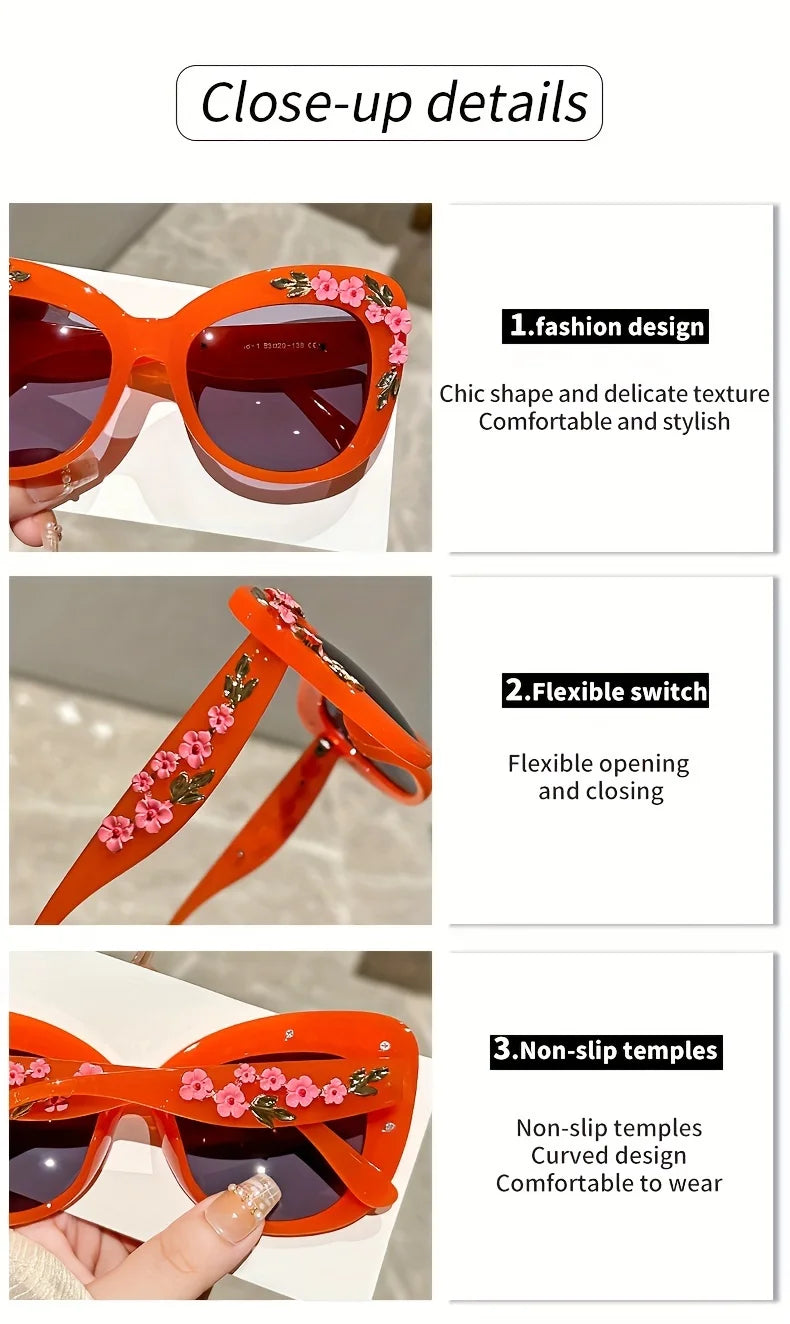 1pc Elegant Cat Eye Glasses for Women, Floral Camellia Design, Anti-Reflective PC Lens, Plastic Frame, Fashionable Beach Eyewear