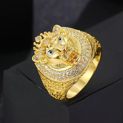 2026 Hot Hip Hop Crown Gold Lion Ring with Iced Out Zirconia, Fashion Jewelry for Men & Women, Perfect Party Gift
